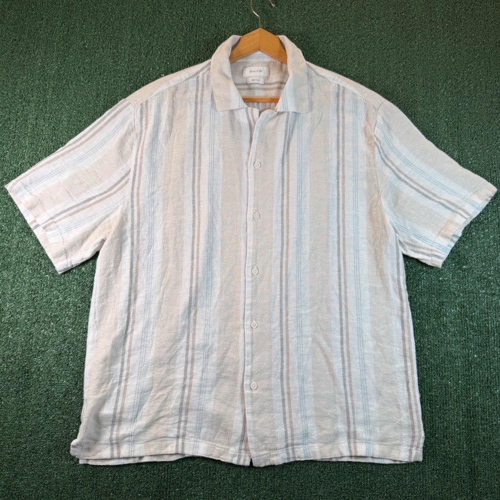 Porter & Ash Button Down Mens Size M Beige Striped Linen Blend Excellent Shirt